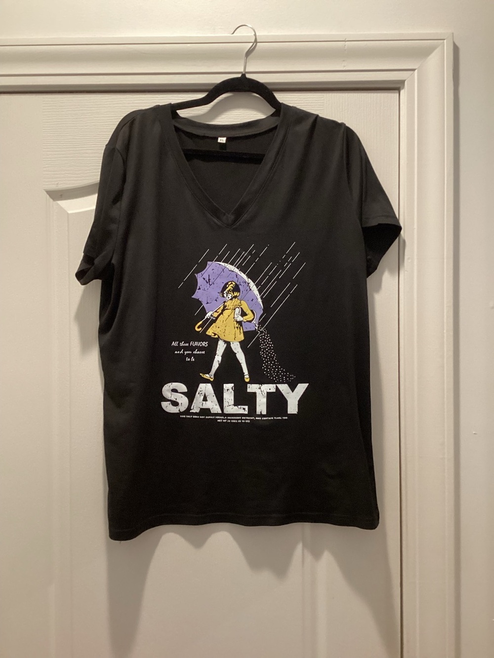 Salty Graphic V-Neck Tee - Black with Yellow & Purple Print